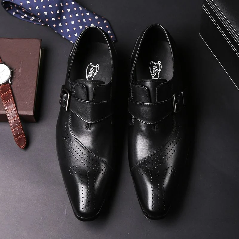Men’s Leather Monk Strap Brogue Shoes - Slip-On Formal Oxford Dress Shoes - Image 6