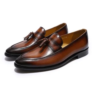 Handmade Patina Men’s Tassel Loafers - Genuine Brown Leather Casual Dress Shoes