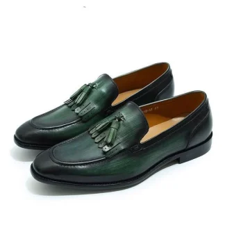 Autumn Handmade Patina Leather Loafers with Tassel - Patina Men’s Dress Shoes