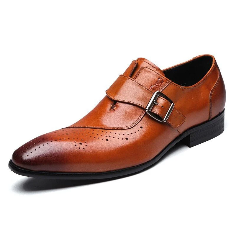 Men’s Leather Monk Strap Brogue Shoes - Slip-On Formal Oxford Dress Shoes - Image 8