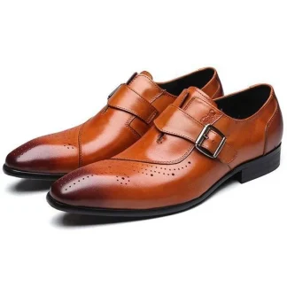 Men’s Leather Monk Strap Brogue Shoes - Slip-On Formal Oxford Dress Shoes