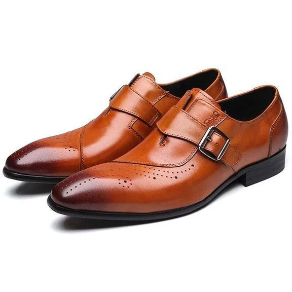 Men’s Leather Monk Strap Brogue Shoes - Slip-On Formal Oxford Dress Shoes