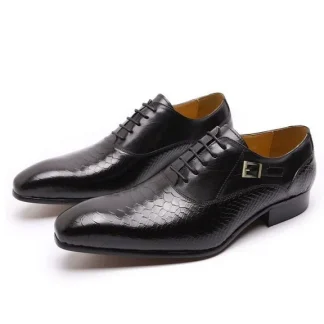Men's Hand-Painted Patina Snake Skin Print Leather Oxford Shoes - Classic Brown and Black Pointed Toe Dress Shoes