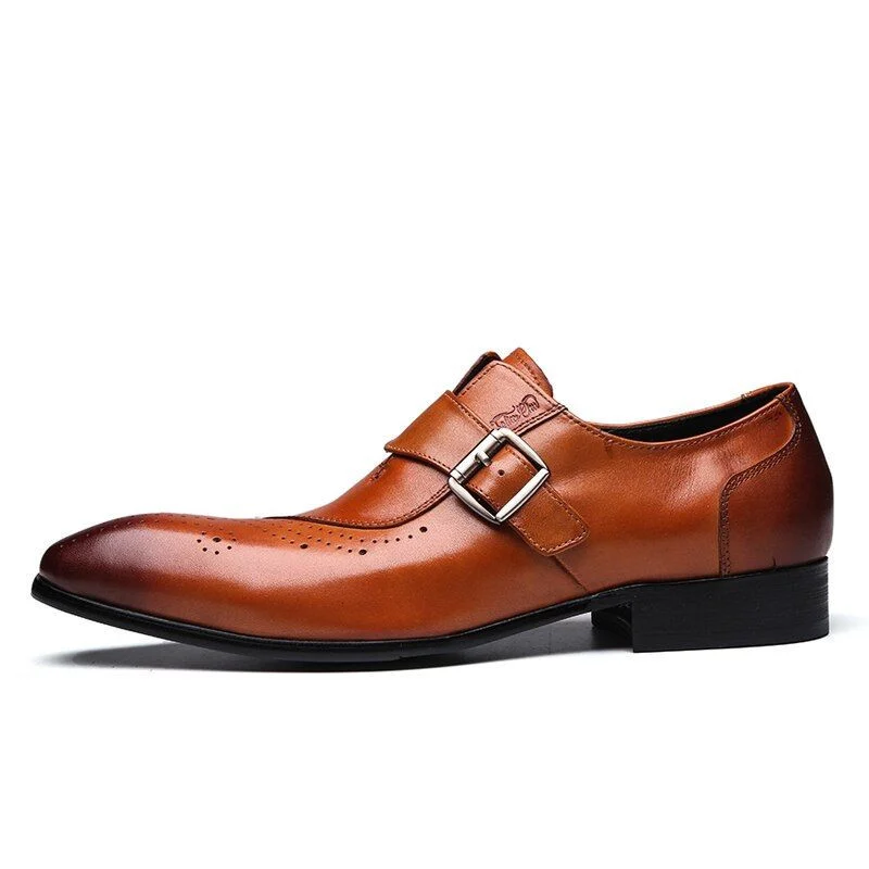 Men’s Leather Monk Strap Brogue Shoes - Slip-On Formal Oxford Dress Shoes - Image 3