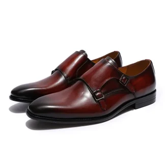 Handmade Men’s Plain Toe Double Monk Strap Oxford Shoes - Patina Genuine Leather Classic Buckle Dress Shoes
