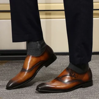 Men’s Patina Loafer with Medallion Toe - Genuine Leather Monk Strap Dress Shoes