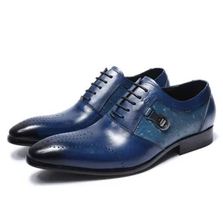 Italian Designer Genuine Leather Oxford Dress Shoes - Black and Blue Brogue Formal Shoes for Men