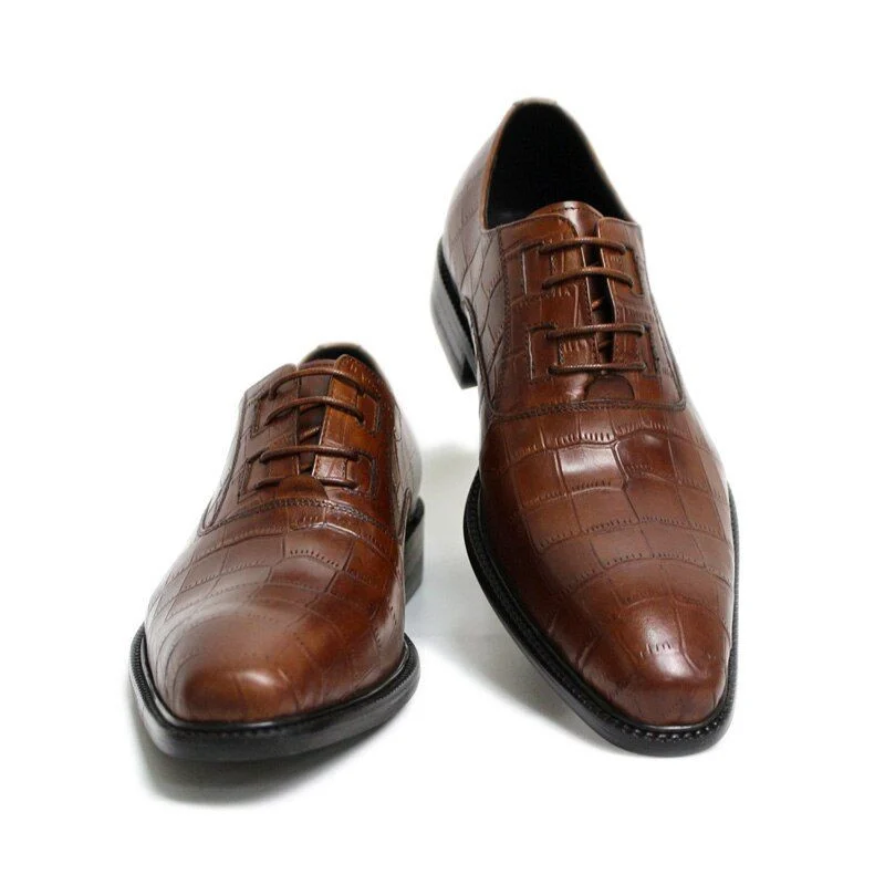 Italian Modern Crocodile-Embossed Oxford Shoes – Genuine Leather Brown and Green Dress Shoes - Image 4