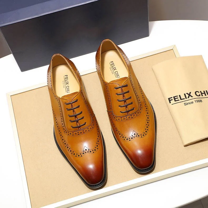Classic Men’s Wingtip Brogue Oxford Shoes - Genuine Leather Brown and Yellow Dress Shoes - Image 7