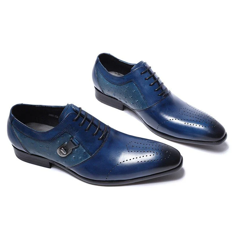 Italian Designer Genuine Leather Oxford Dress Shoes - Black and Blue Brogue Formal Shoes for Men - Image 2