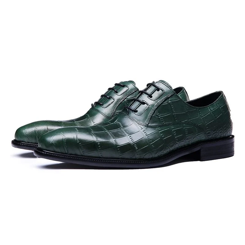 Italian Modern Crocodile-Embossed Oxford Shoes – Genuine Leather Brown and Green Dress Shoes