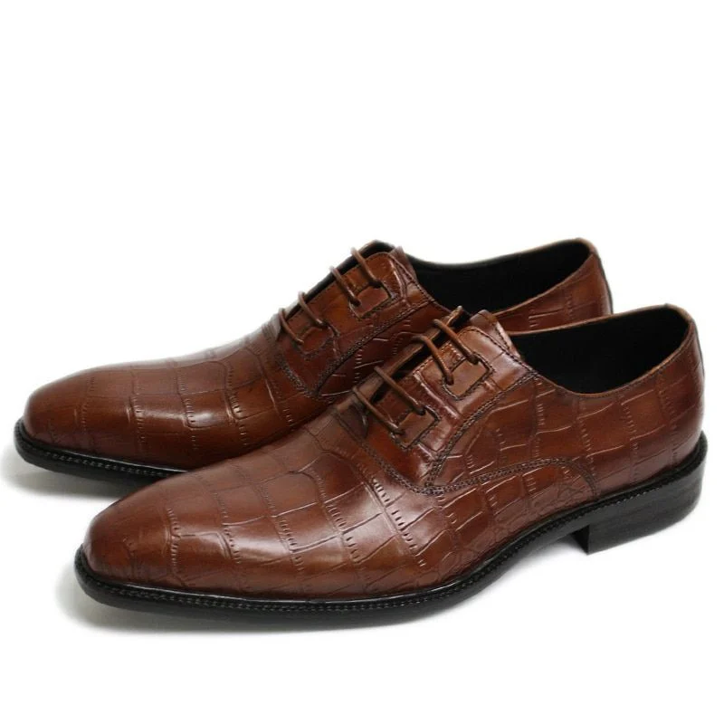 Italian Modern Crocodile-Embossed Oxford Shoes – Genuine Leather Brown and Green Dress Shoes - Image 2