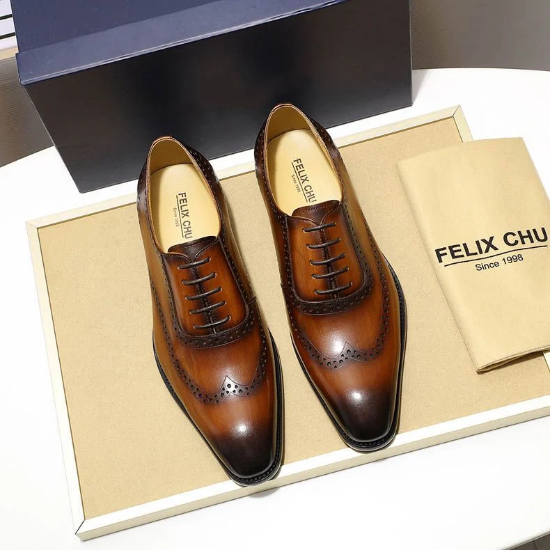 Classic Men’s Wingtip Brogue Oxford Shoes - Genuine Leather Brown and Yellow Dress Shoes - Image 6