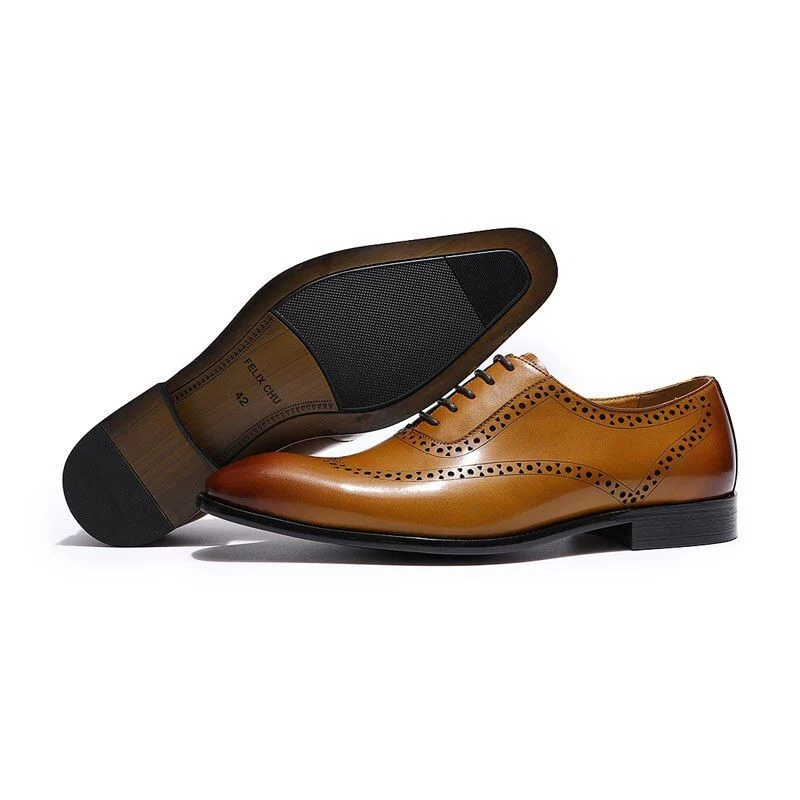 Classic Men’s Wingtip Brogue Oxford Shoes - Genuine Leather Brown and Yellow Dress Shoes - Image 3