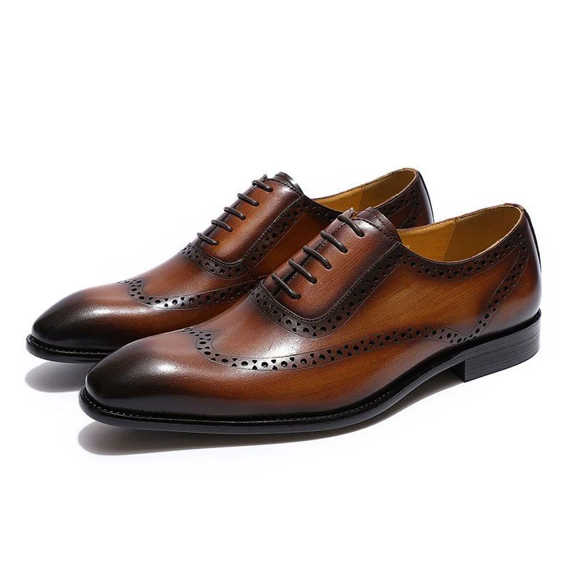 Classic Men’s Wingtip Brogue Oxford Shoes - Genuine Leather Brown and Yellow Dress Shoes - Image 2