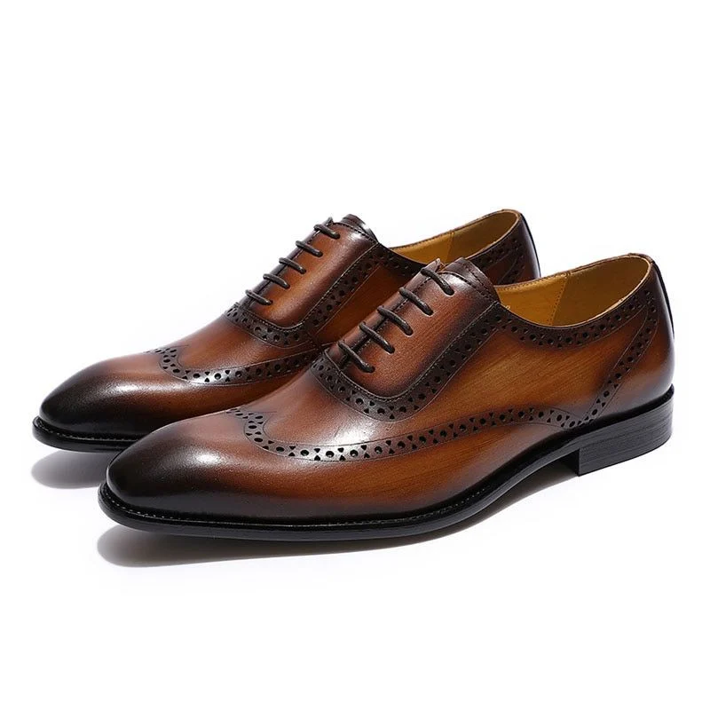 Classic Men’s Wingtip Brogue Oxford Shoes - Genuine Leather Brown and Yellow Dress Shoes - Image 5