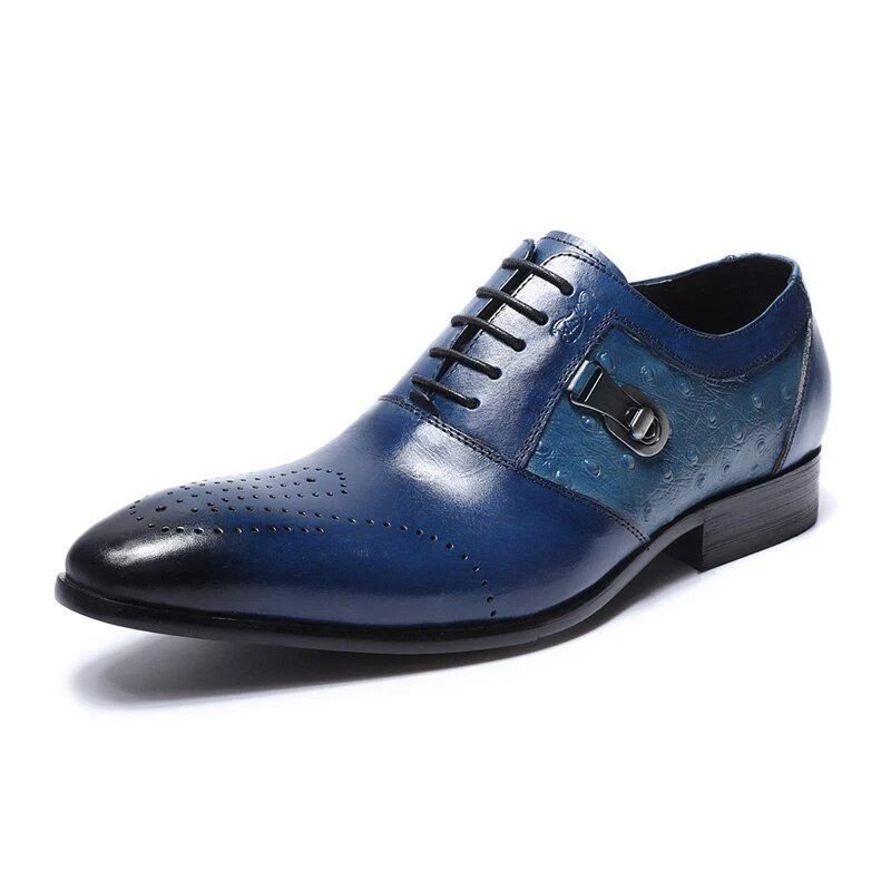 Italian Designer Genuine Leather Oxford Dress Shoes - Black and Blue Brogue Formal Shoes for Men - Image 8
