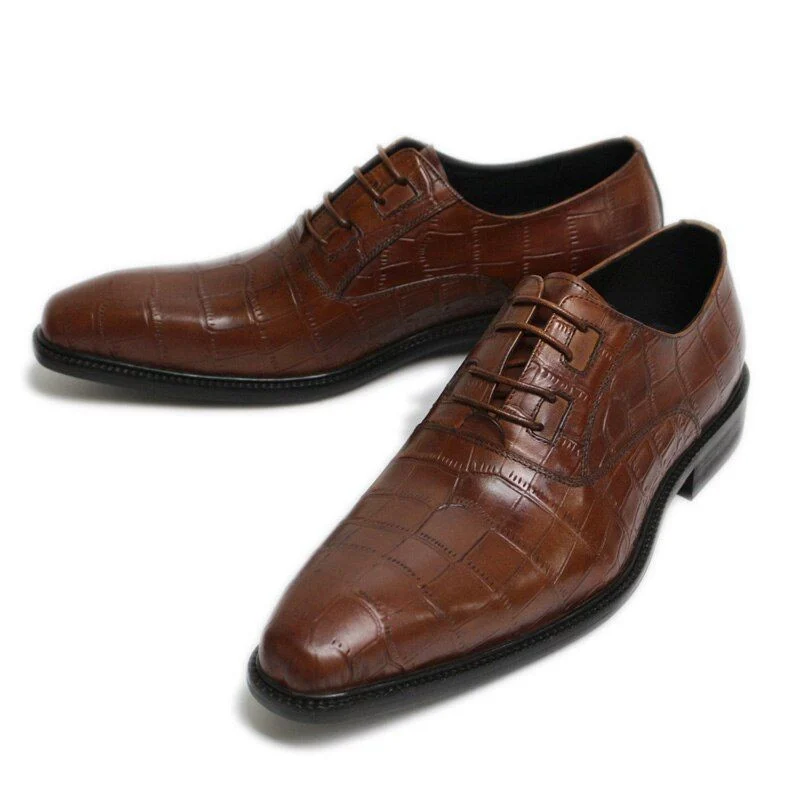 Italian Modern Crocodile-Embossed Oxford Shoes – Genuine Leather Brown and Green Dress Shoes - Image 3