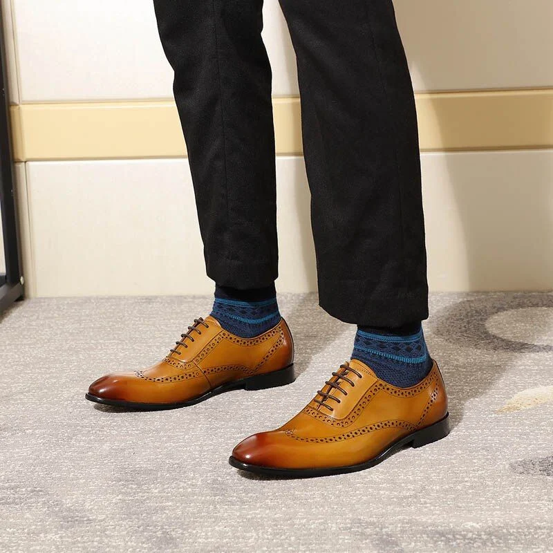 Classic Men’s Wingtip Brogue Oxford Shoes - Genuine Leather Brown and Yellow Dress Shoes - Image 4