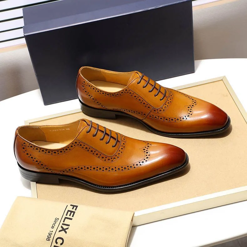 Classic Men’s Wingtip Brogue Oxford Shoes - Genuine Leather Brown and Yellow Dress Shoes - Image 9