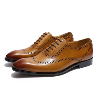 Classic Men’s Wingtip Brogue Oxford Shoes - Genuine Leather Brown and Yellow Dress Shoes