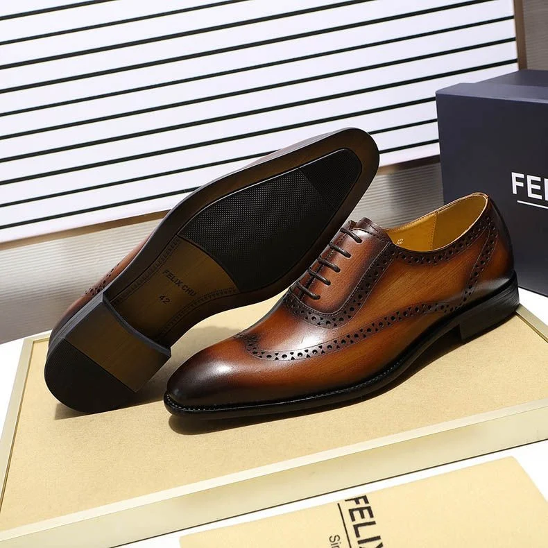 Classic Men’s Wingtip Brogue Oxford Shoes - Genuine Leather Brown and Yellow Dress Shoes - Image 8
