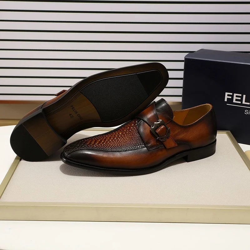 Men’s Patina Crocodile-Embossed Leather Loafers – Handmade Monk Strap Dress Shoes - Image 6