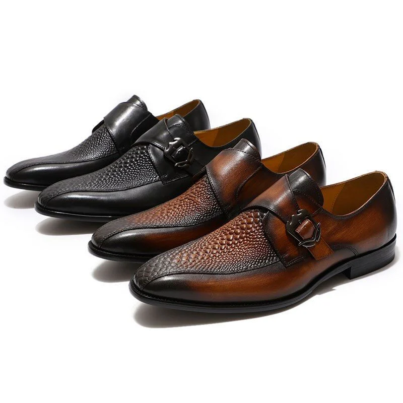 Men’s Patina Crocodile-Embossed Leather Loafers – Handmade Monk Strap Dress Shoes - Image 3