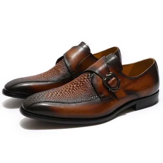 Men’s Patina Crocodile-Embossed Leather Loafers – Handmade Monk Strap Dress Shoes
