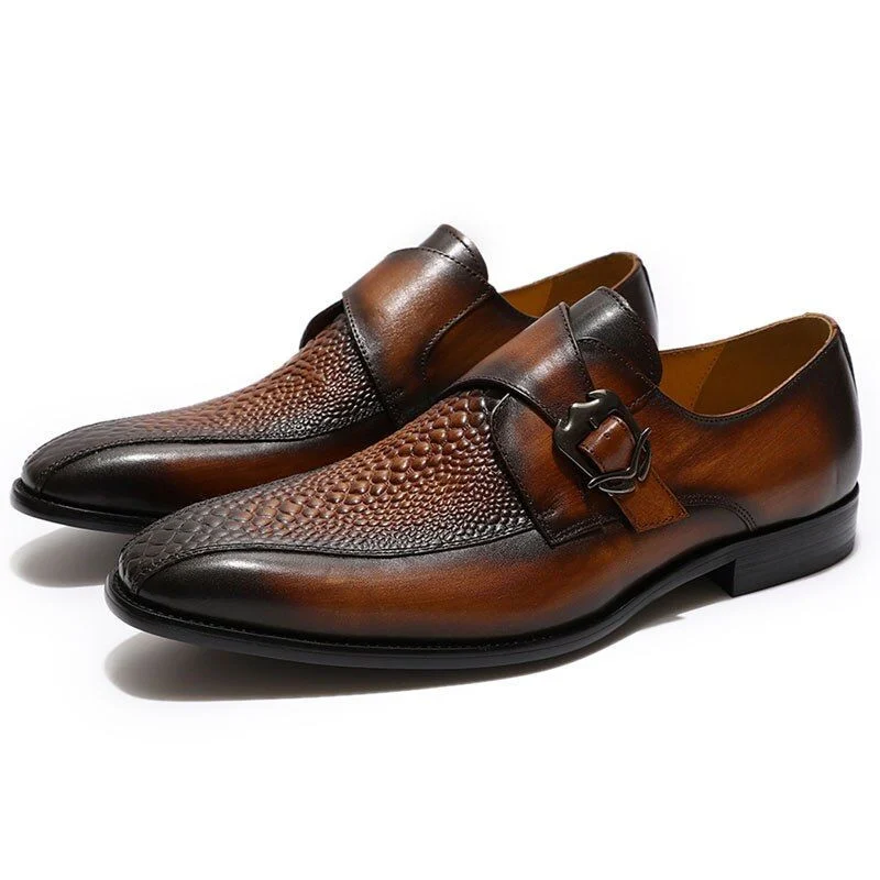 Men’s Patina Crocodile-Embossed Leather Loafers – Handmade Monk Strap Dress Shoes