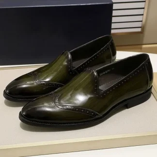 Men’s Patent Leather Wingtip Loafers - Black and Green Slip-On Dress Shoes