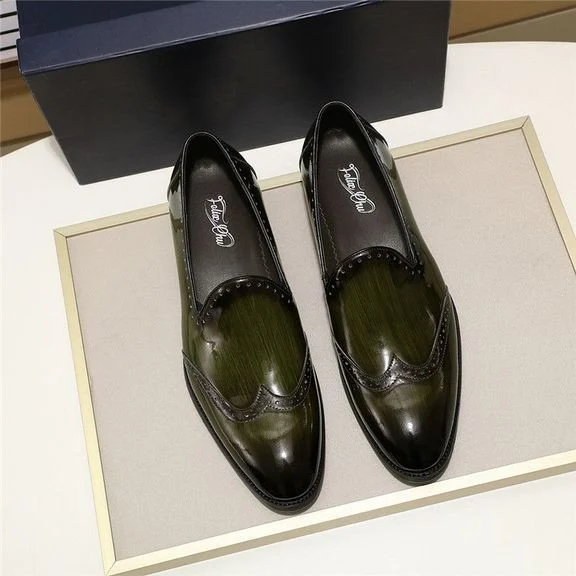 Men’s Patent Leather Wingtip Loafers - Black and Green Slip-On Dress Shoes - Image 8
