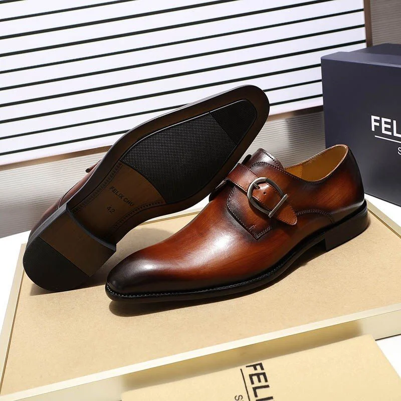 Italian Style Monk Strap Loafer Shoes - Handmade Genuine Leather Brown Formal Shoes - Image 5