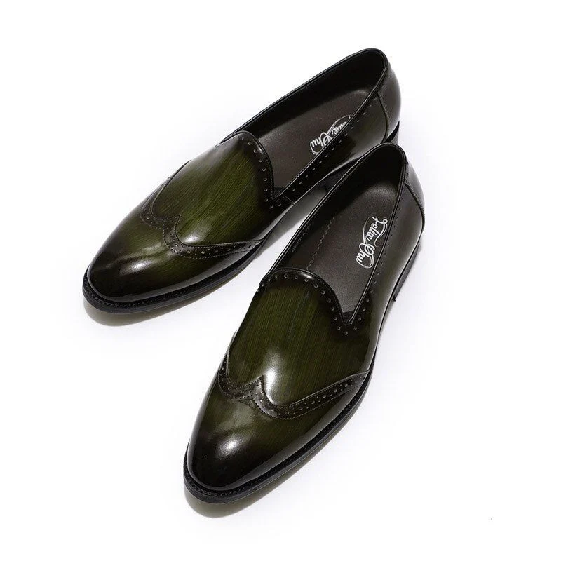 Men’s Patent Leather Wingtip Loafers - Black and Green Slip-On Dress Shoes - Image 2