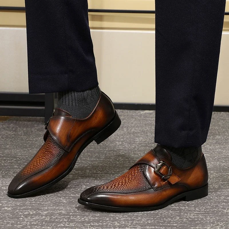 Men’s Patina Crocodile-Embossed Leather Loafers – Handmade Monk Strap Dress Shoes - Image 4