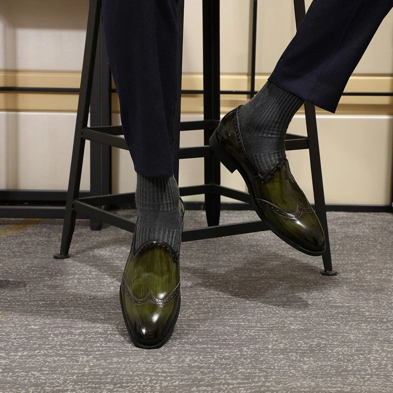 Men’s Patent Leather Wingtip Loafers - Black and Green Slip-On Dress Shoes - Image 5