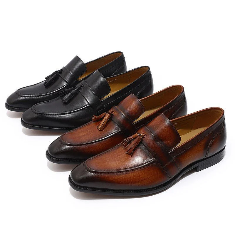 Hand-Painted Patina Tassel Loafers - Genuine Leather Slip-On Dress Shoes for Men - Image 2