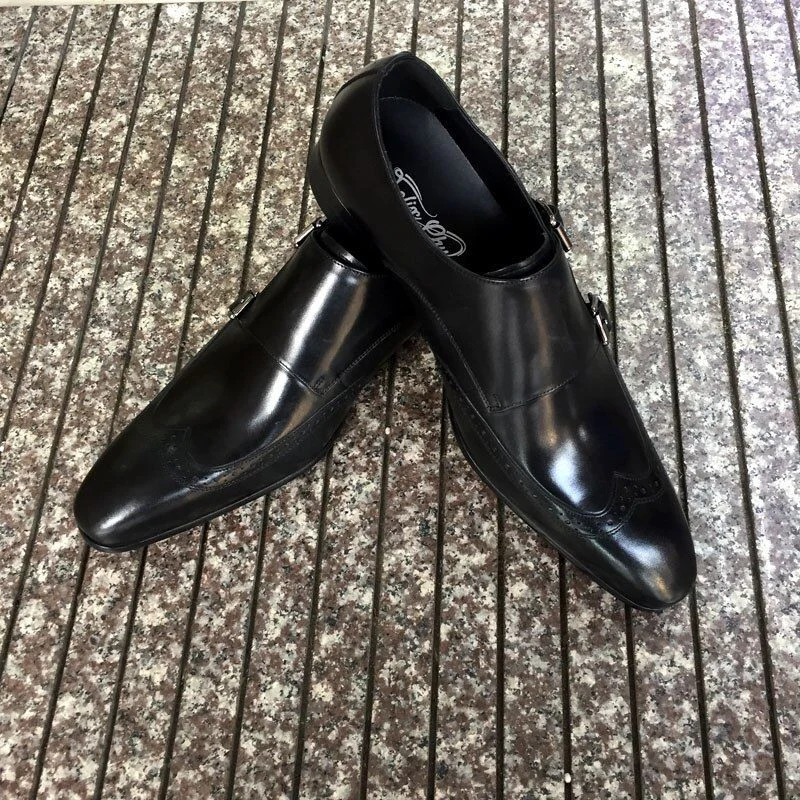 High-Quality Genuine Leather Monk Strap Dress Shoes - Burgundy and Black Pointed Toe Formal Shoes for Men - Image 6