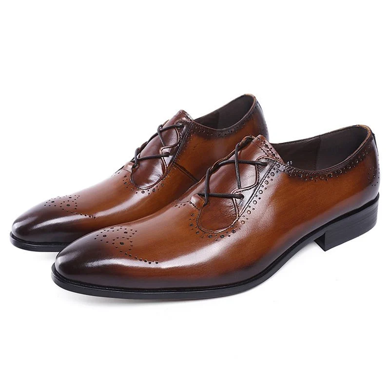 Stylish Patina Genuine Leather Oxford Brogue Shoes - Brown and Black Patina Formal Dress Shoes for Men