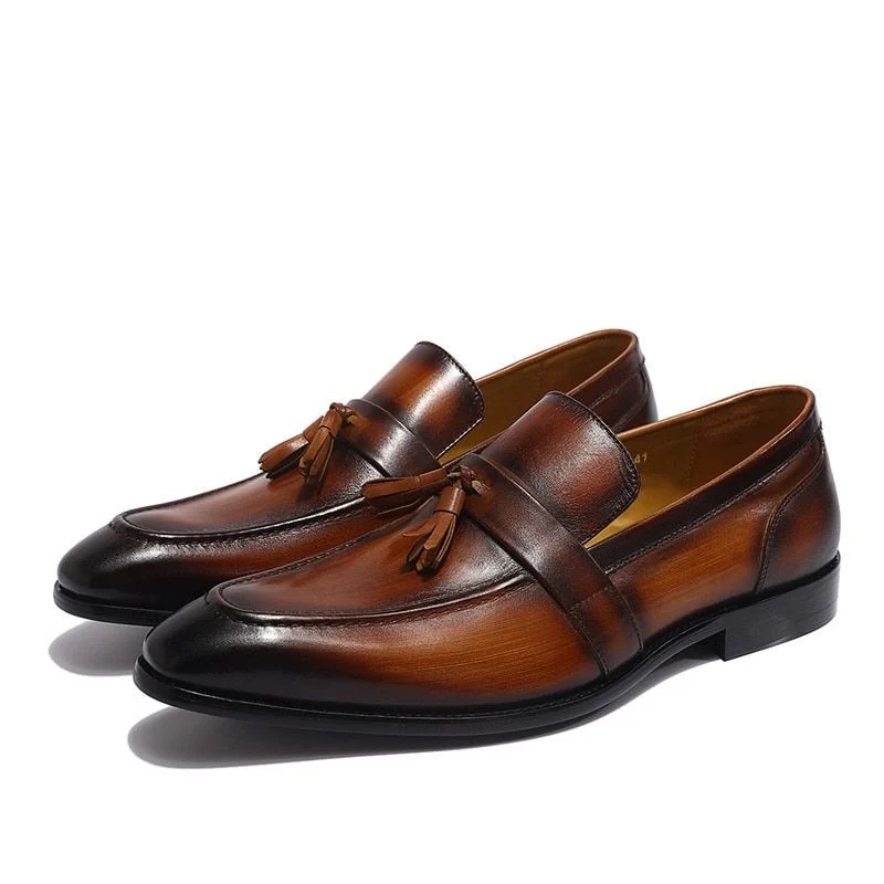 Hand-Painted Patina Tassel Loafers - Genuine Leather Slip-On Dress Shoes for Men