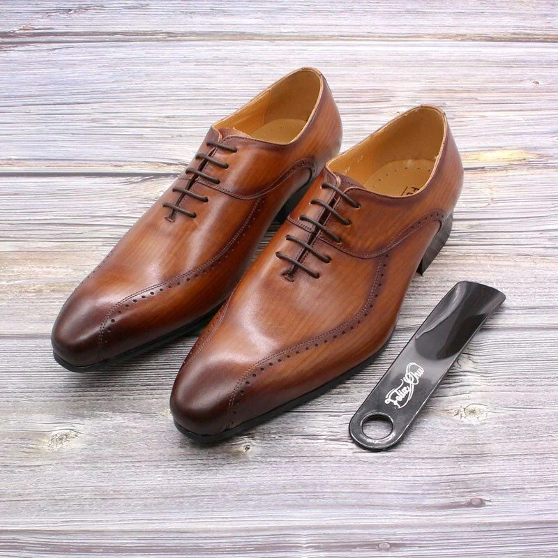 Elegant Men’s Genuine Leather Oxford Shoes - Brown and Black Formal Lace-Up Dress Shoes - Image 6
