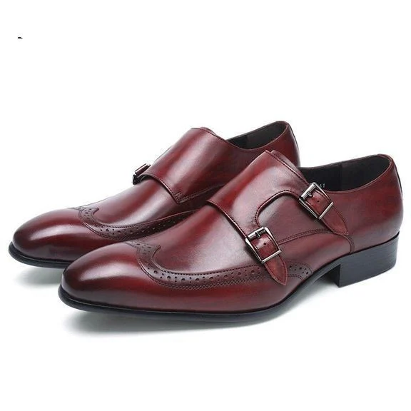 High-Quality Genuine Leather Monk Strap Dress Shoes - Burgundy and Black Pointed Toe Formal Shoes for Men