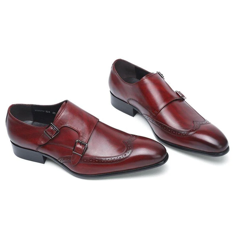 High-Quality Genuine Leather Monk Strap Dress Shoes - Burgundy and Black Pointed Toe Formal Shoes for Men - Image 2