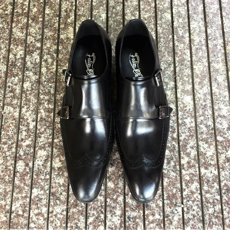 High-Quality Genuine Leather Monk Strap Dress Shoes - Burgundy and Black Pointed Toe Formal Shoes for Men - Image 5