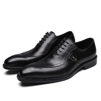 Handmade Men’s Wingtip Oxford Dress Shoes - Genuine Leather Black Lace-Up Formal Footwear