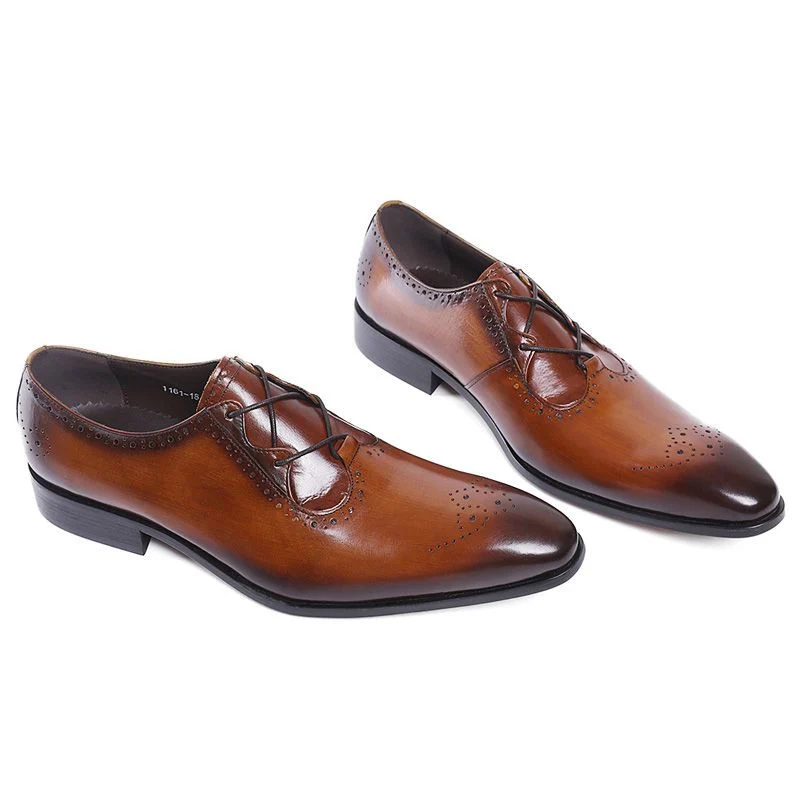 Stylish Patina Genuine Leather Oxford Brogue Shoes - Brown and Black Patina Formal Dress Shoes for Men - Image 3