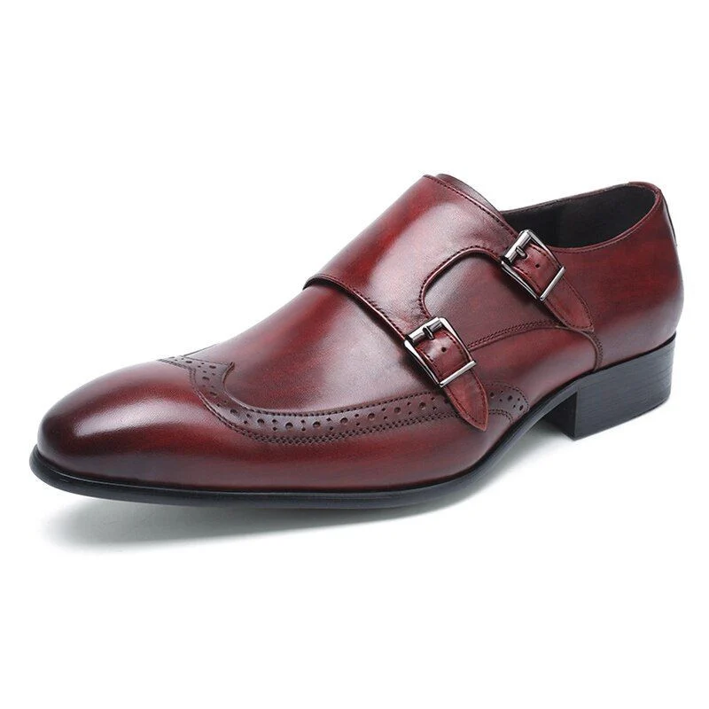 High-Quality Genuine Leather Monk Strap Dress Shoes - Burgundy and Black Pointed Toe Formal Shoes for Men - Image 8