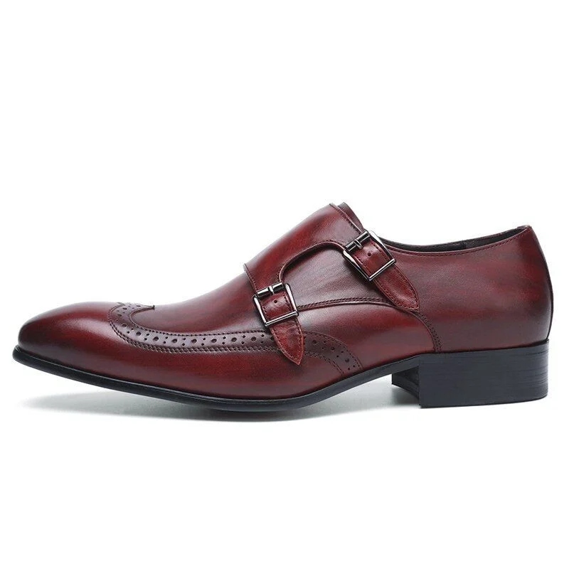 High-Quality Genuine Leather Monk Strap Dress Shoes - Burgundy and Black Pointed Toe Formal Shoes for Men - Image 3