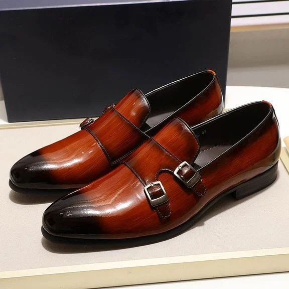 Men’s Patent Leather Monk Strap Loafers - Smooth Brown and Black Slip-On Dress Shoes - Image 2