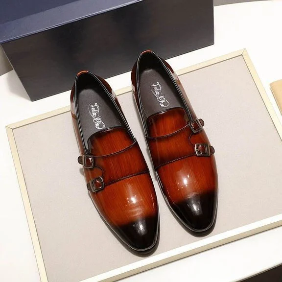 Men’s Patent Leather Monk Strap Loafers - Smooth Brown and Black Slip-On Dress Shoes - Image 5